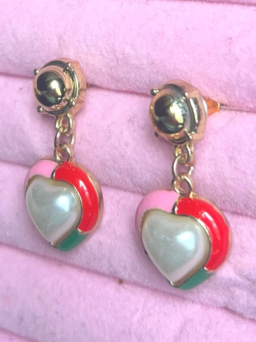Gold-Tone Heart Drop Earrings with Pink, Red and Green Enamel W/ Faux Pearl